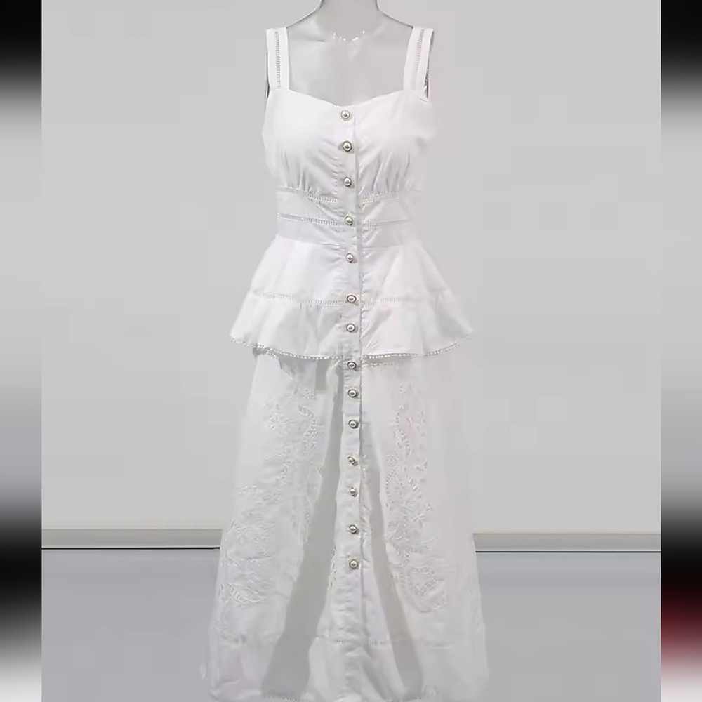 White Eyelet Embroidered Button Front Midi Dress Cottagecore Boho - NWT Size L